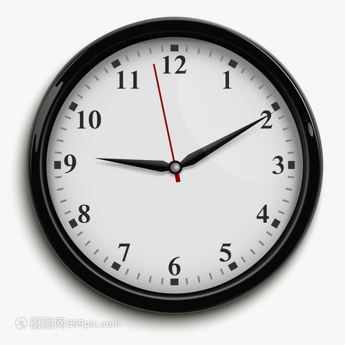 办公室时钟插图墙壁办公时钟与黑色红色的手白色拨号隔离白色背景现实矢量插图